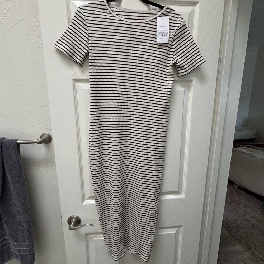 Maternity Black and White Striped Midi Dress